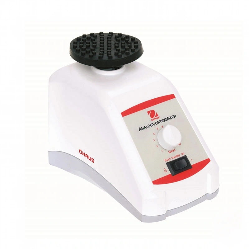 White ohaus analog vortex mixer with black textured mixing head and red-accented control panel