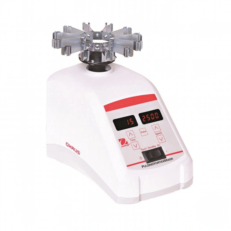 White ohaus pulsing vortex mixer with red digital display and silver metallic rotor