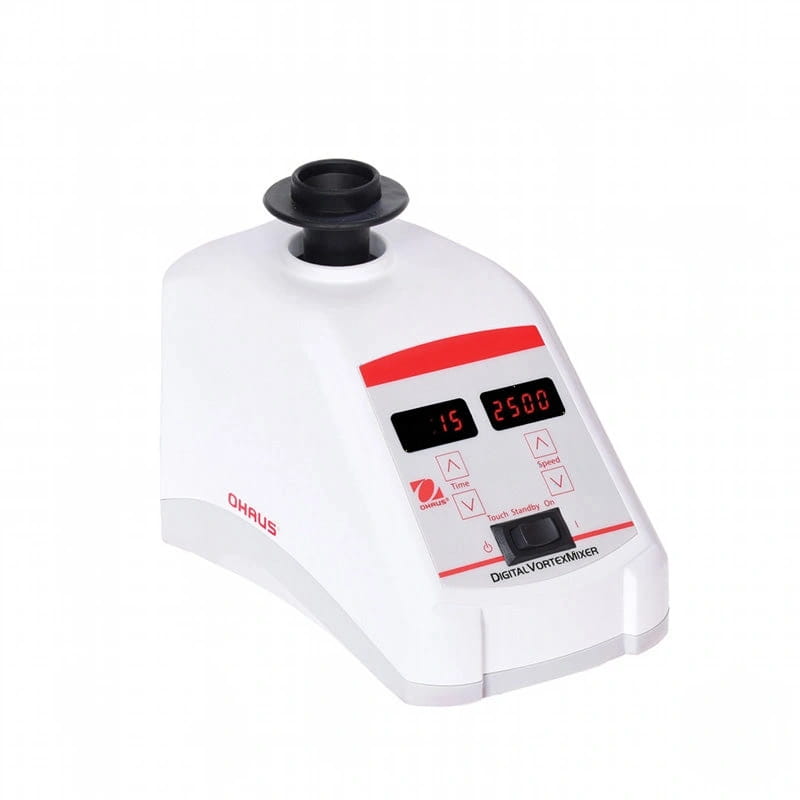 White ohaus digital vortex mixer with red digital display and black control buttons