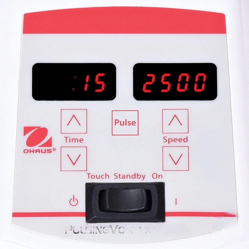 White and red digital control panel for an ohaus pulsingvox device with two led displays showing ’:15’’ and ’2500’’