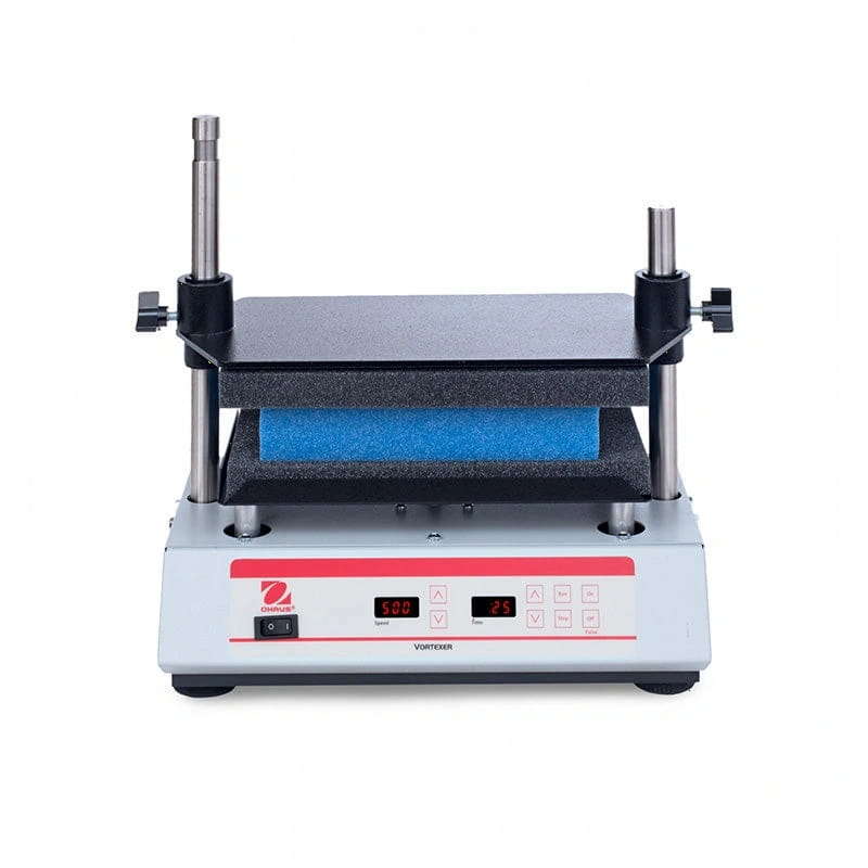 White and red digital control panel laboratory vortexer with black metal frame, blue foam insert, and stainless steel vertical rods