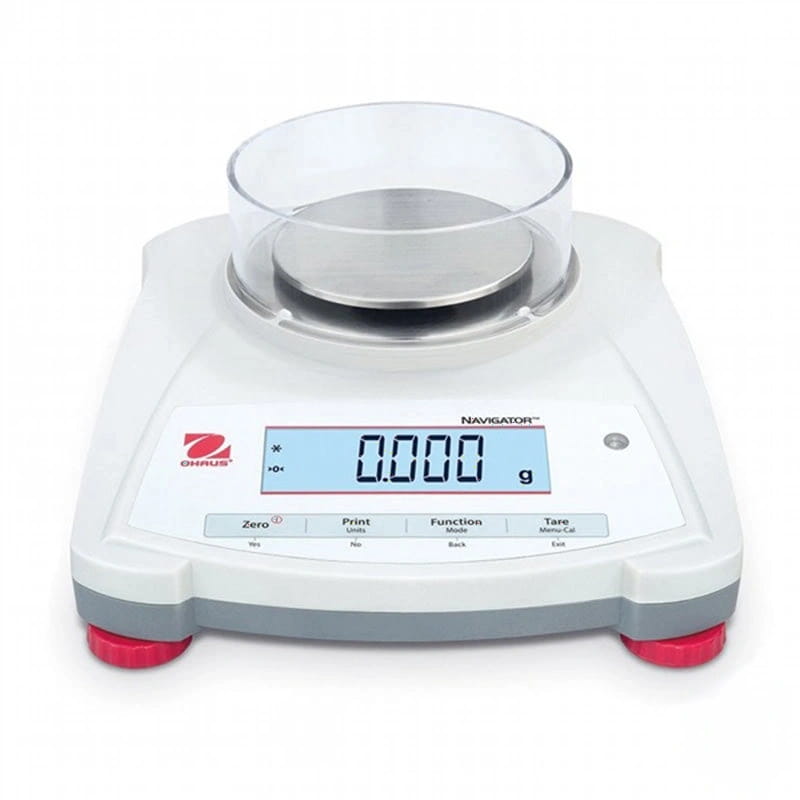 White and gray ohrus navigator digital scale with red feet, featuring a clear glass weighing dish on top