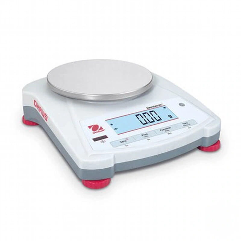 White and gray ohaus benchscale analytical balance with a silver weighing platform, red feet, and digital display