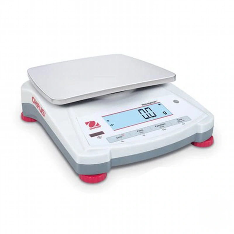 White and gray ohaus navigator digital scale with a silver weighing platform and red feet