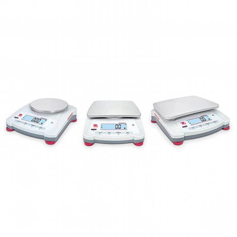 Three digital analytical balances with white and gray bodies, red feet, and silver weighing platforms
