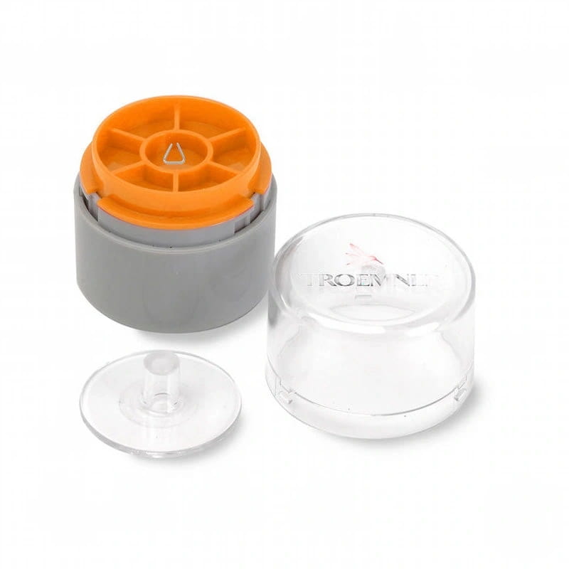 Gray and orange plastic faucet aerator with clear protective cap