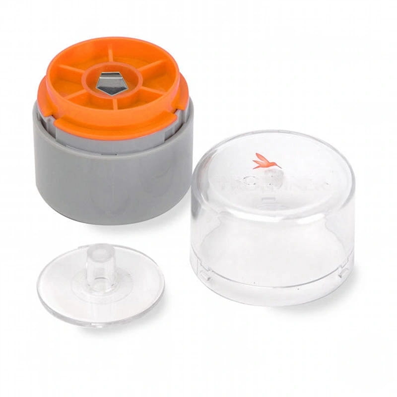 Orange and gray plastic bobbin case with clear protective cap featuring a hummingbird logo