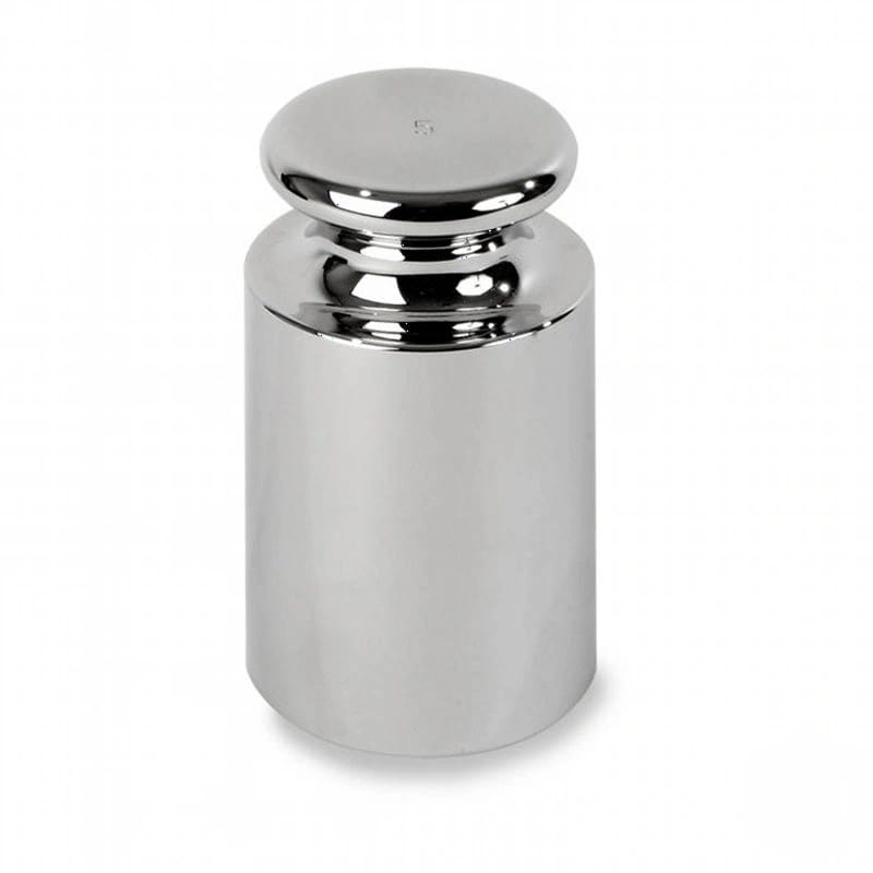 Shiny chrome-plated cylindrical weight with a domed top, marked ’5’’ on its surface