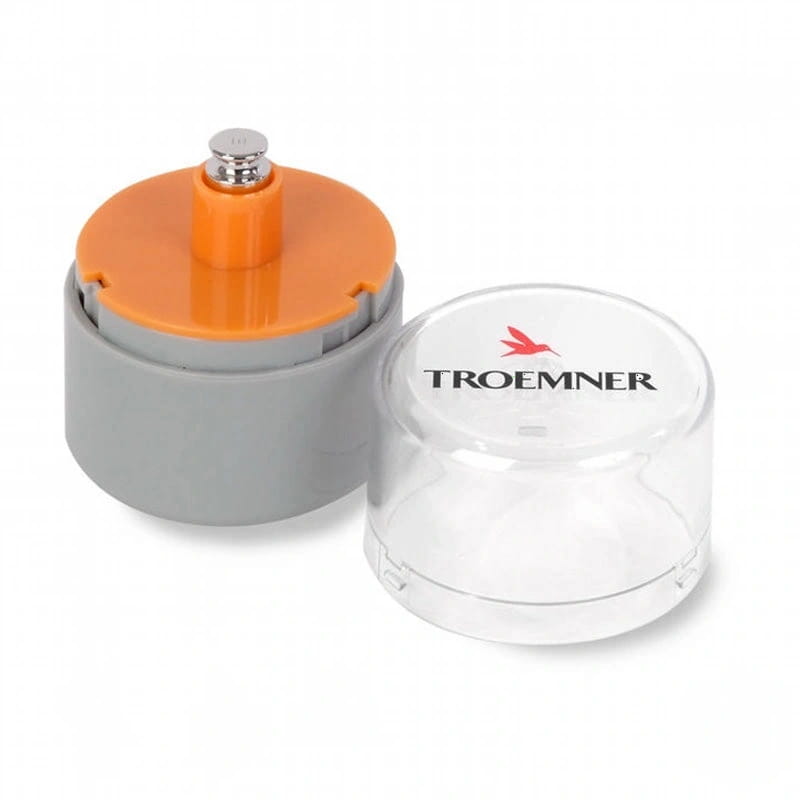 Troemner brand cylindrical weight with orange top and gray base, featuring a silver-toned metal screw cap