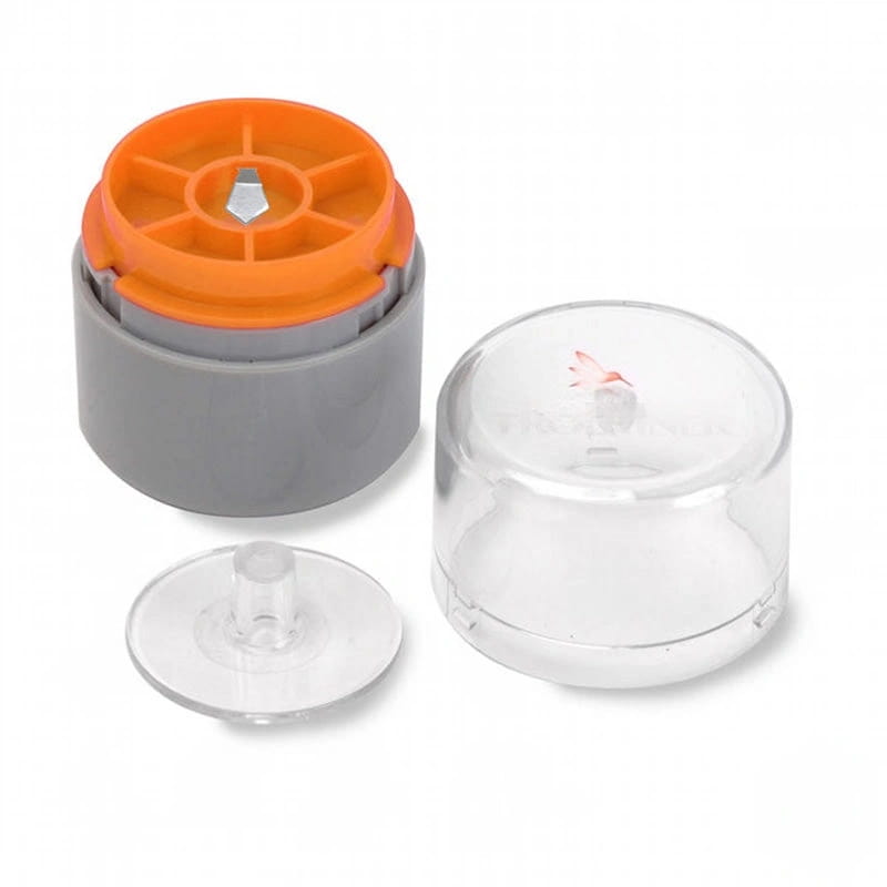 Gray and orange plastic spool with clear acrylic lid and base