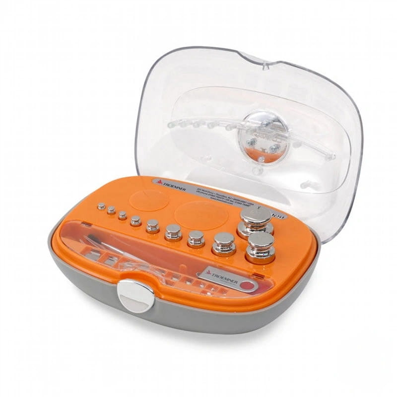 Orange and gray dromnar precision weight set with silver-toned metal weights arranged in a clear plastic case