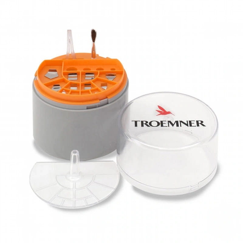 Gray and orange troemner fishing lure jigging tool with clear plastic components