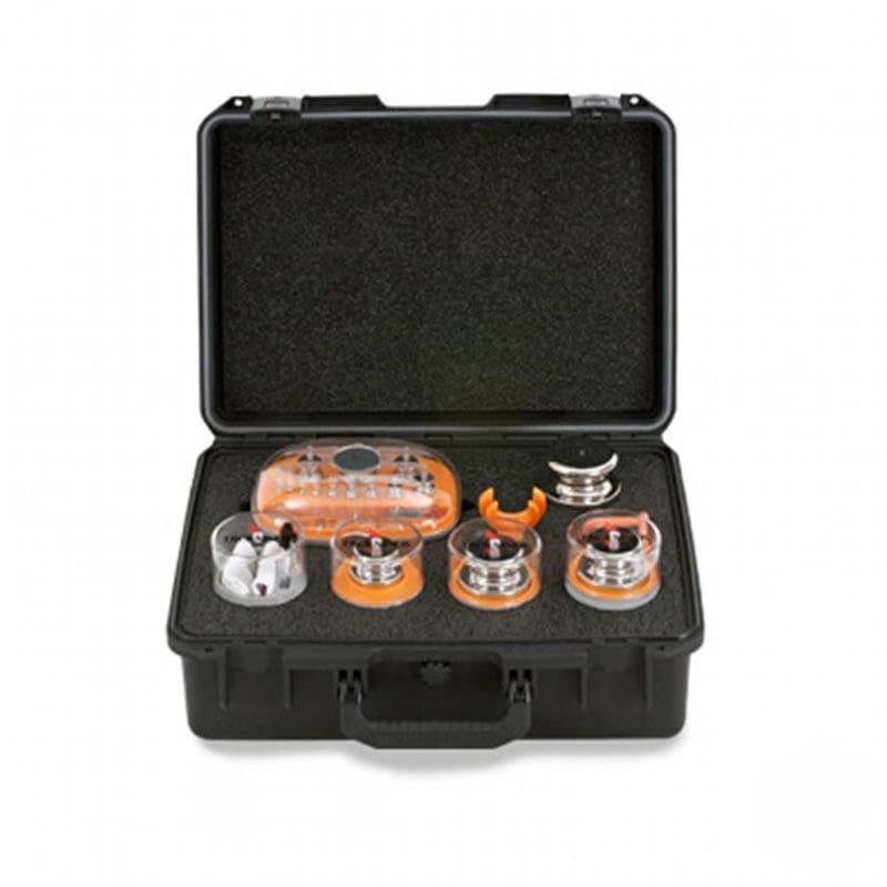Black hard-shell case containing orange and clear suction cup devices with metallic components