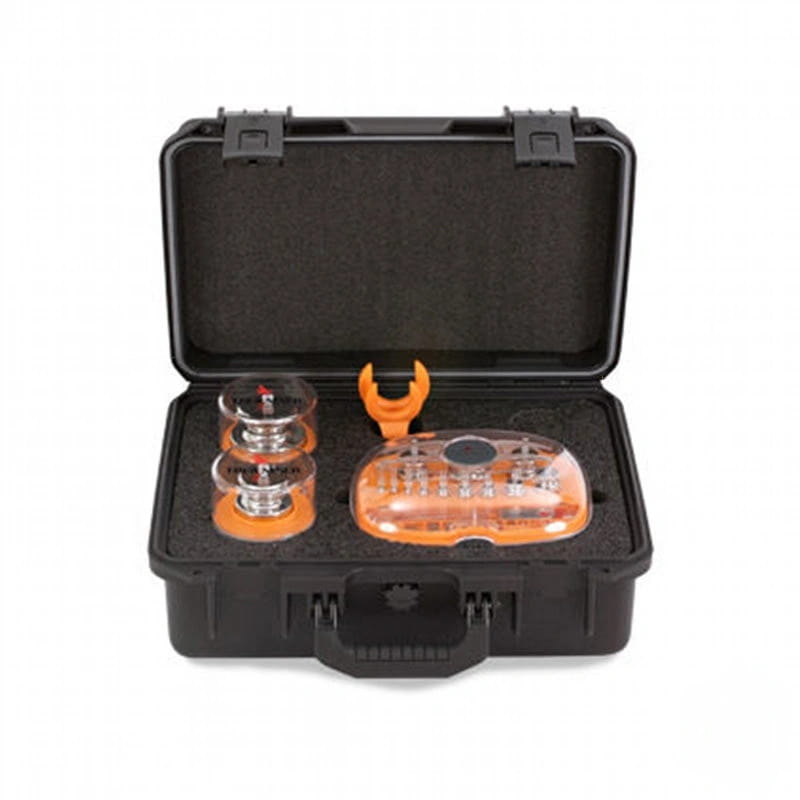 Orange and clear plastic emergency beacon kit in a black protective case