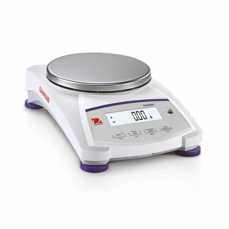 White ohaus pioneer digital scale with a silver weighing platform and purple feet