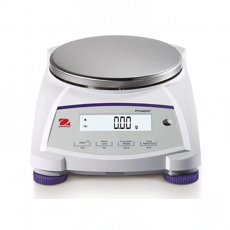 White and purple ohaus pioneer digital scale with a stainless steel weighing platform