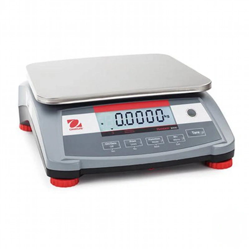 Gray digital scale with a stainless steel weighing platform and red-accented feet, featuring a clear display screen showing ’0.0000 kg’ and labeled as the ohaus q251 model