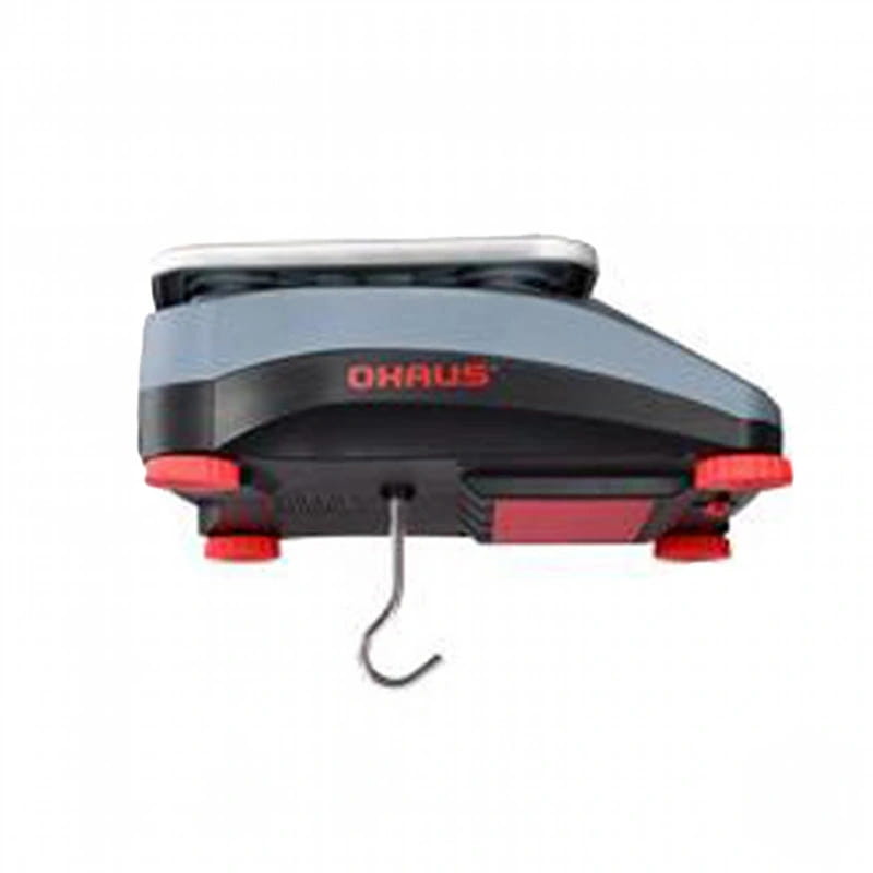 Gray and black ohaus digital scale with red accents and a hanging hook