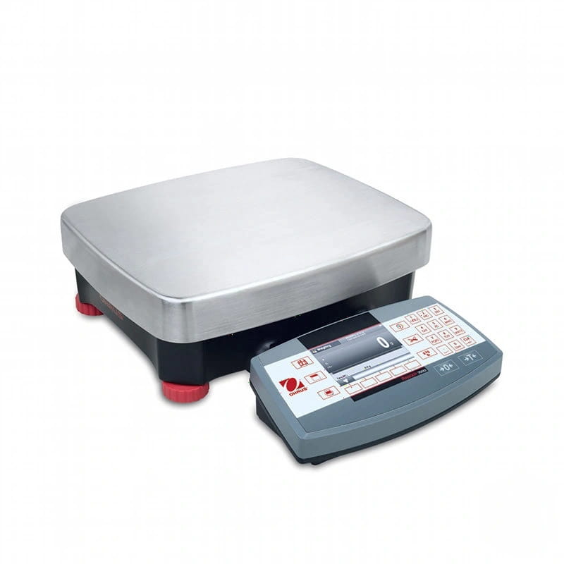 Silver stainless steel platform scale with a gray control panel and red feet