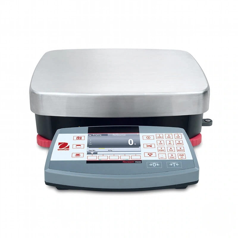 Silver stainless steel weighing platform atop a gray control panel with red and white buttons, branded ohaus ranger 7000