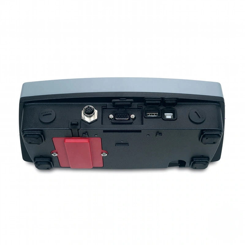 Black and gray industrial device with a red panel, multiple ports including usb and serial connectors