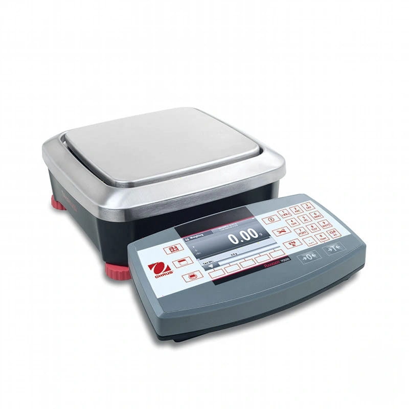 Silver and black digital scale with a stainless steel weighing platform, red foot caps, and an integrated control panel featuring buttons and a display screen