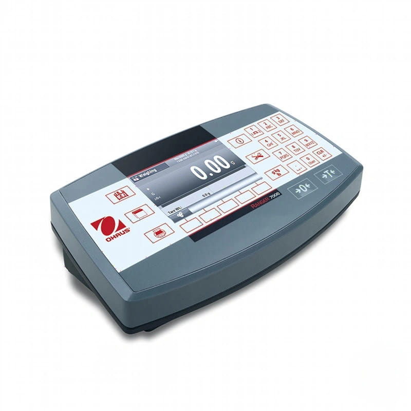 Gray ohaus platform scale with a digital display and red-labeled buttons