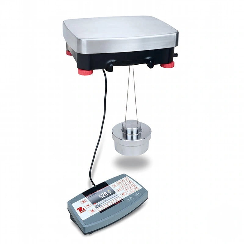 Silver digital platform scale with a black base and red feet, featuring a hanging metallic load cell suspended by cables