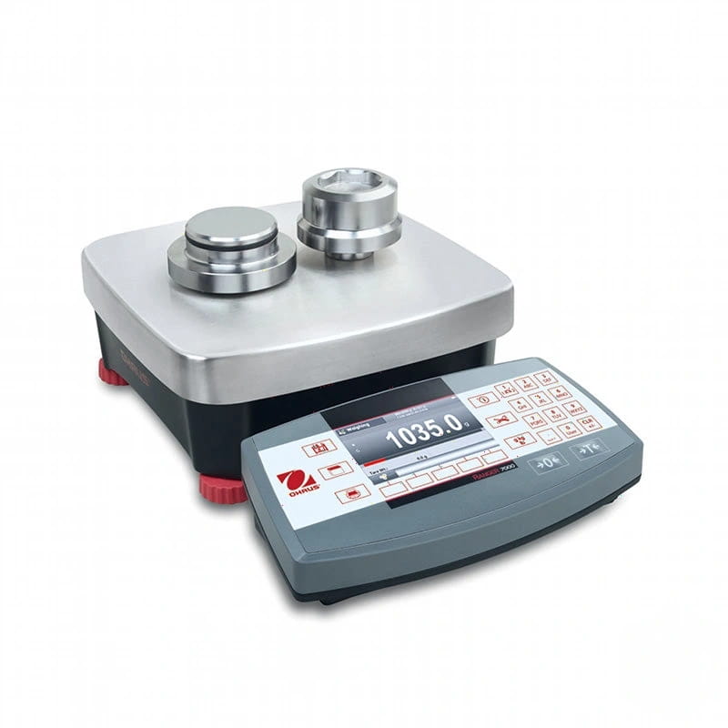 Silver ohaus analytical balance with digital display and two metallic weighing pans