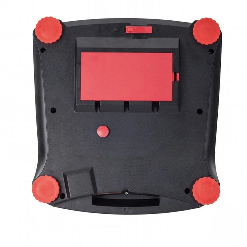 Black plastic weight scale with red circular feet and a central red rectangular display panel