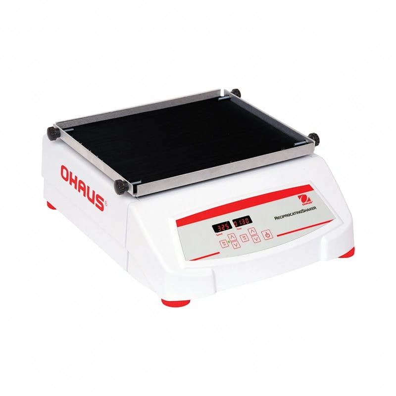White ohaus reciprocating shaker with a black heating plate and red accents on the control panel