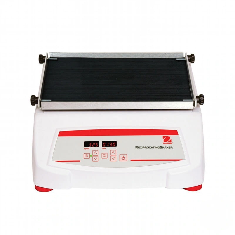 White and red laboratory reciprocating shaker with a black shaking platform