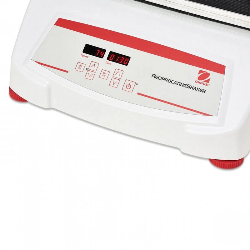 White and red ohrus reciprocating shaker with digital display showing speed and time