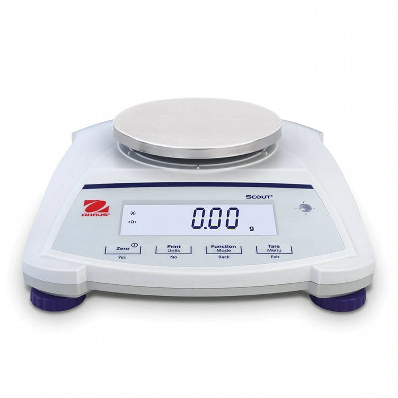 White digital laboratory scale with a silver weighing platform and purple feet, branded ’ohaus’ and model ’scout’