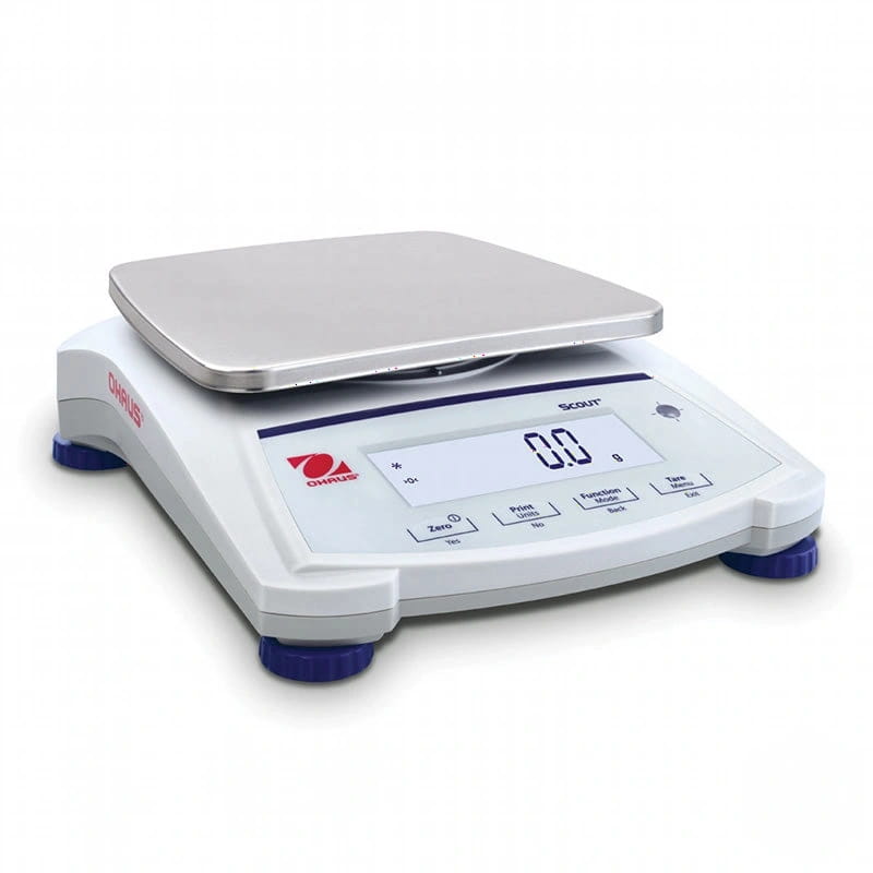 White and blue ohaus scout digital scale with a silver weighing platform