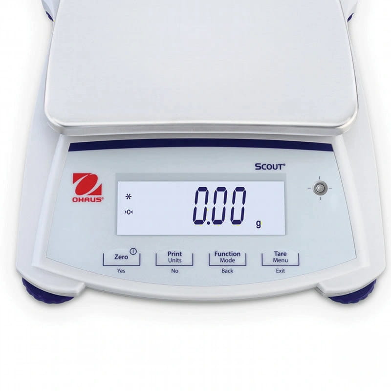 White ohaus scout digital scale with a sleek, rectangular design and blue accents on the display border and feet