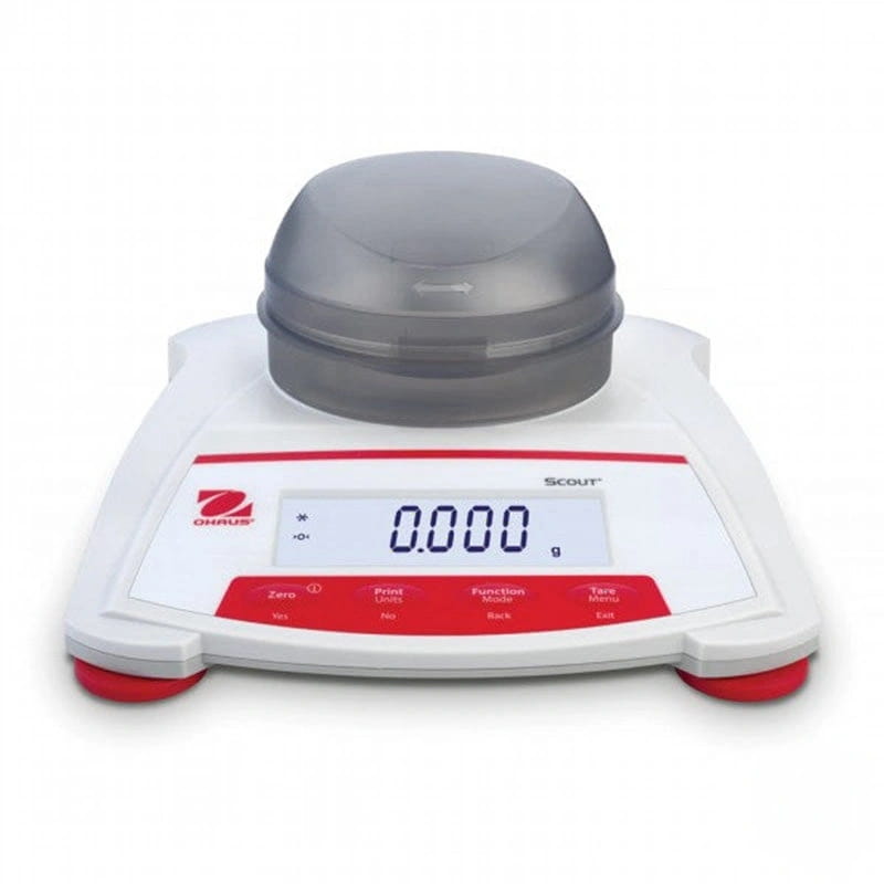 White and red digital laboratory scale with a transparent gray dome cover