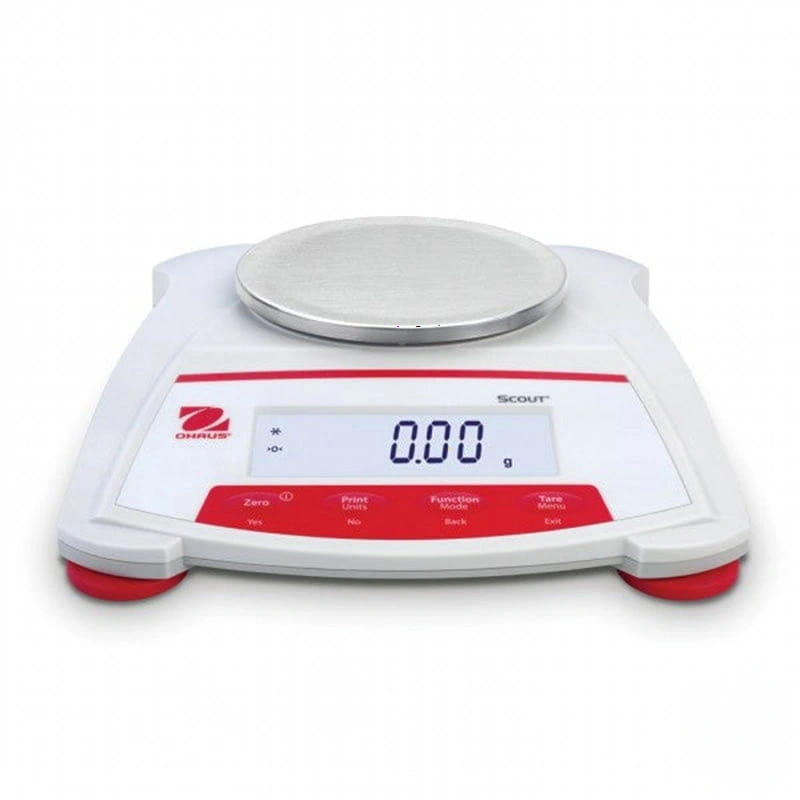 White and red digital laboratory scale with a silver weighing platform, branded ’ohaus’ and model ’scout’