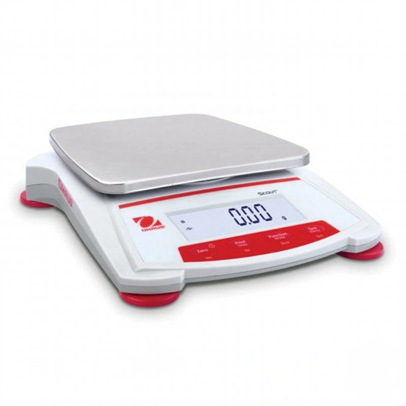 White and red ohaus s200 digital scale with a silver weighing platform