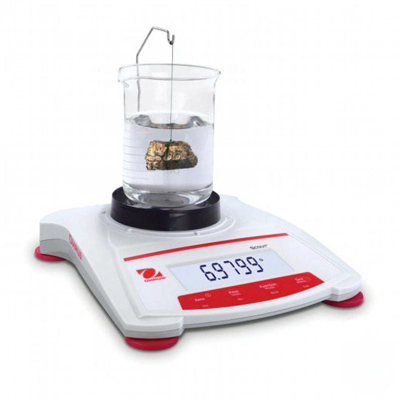 White and red digital laboratory balance with black circular platform, displaying a reading of 69.799g while holding a glass beaker containing water and an irregularly shaped metallic object suspended by wire