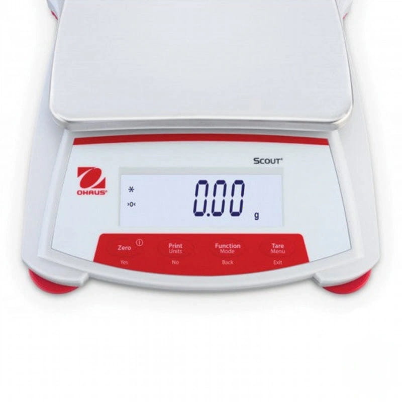 White and red digital scale with a sleek, modern design featuring the ohaus scout brand name