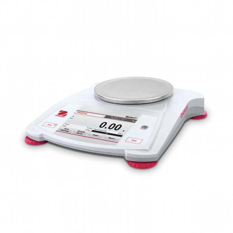 White ohaus scout electronic balance with a silver weighing platform and pink feet