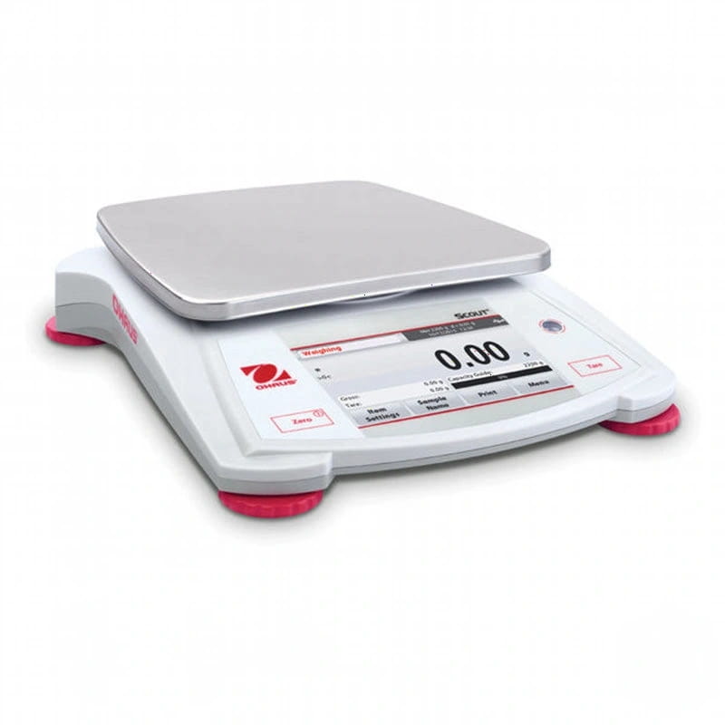 White ohaus scout digital scale with a silver weighing platform and red feet
