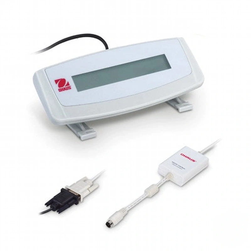 White plastic ohaus digital scale with a rectangular lcd display and two small feet for stability
