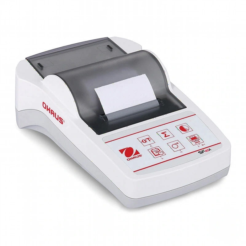 White okaus sf60a thermal printer with a black paper output slot and red branding on the front panel