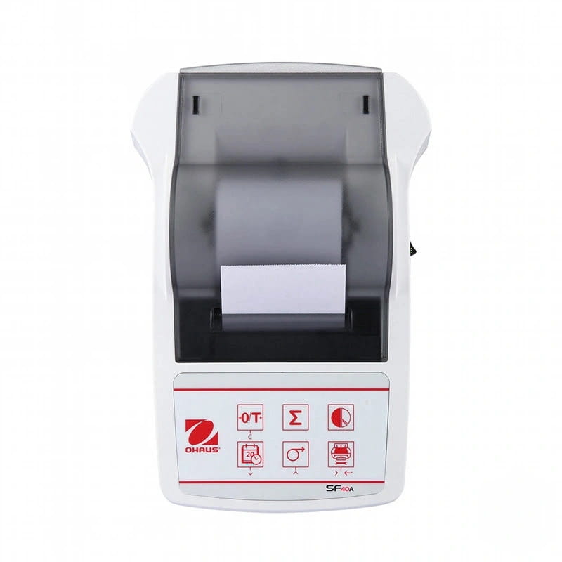 White ohaus sf40a thermal printer with a transparent gray paper output slot and red control buttons