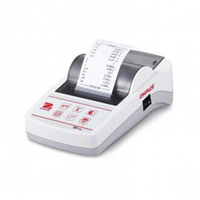 White and gray ohaus digital scale with a paper receipt emerging from its print slot