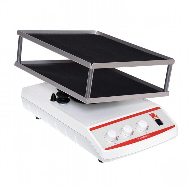 White and red laboratory rotator with a silver metal frame holding two black trays