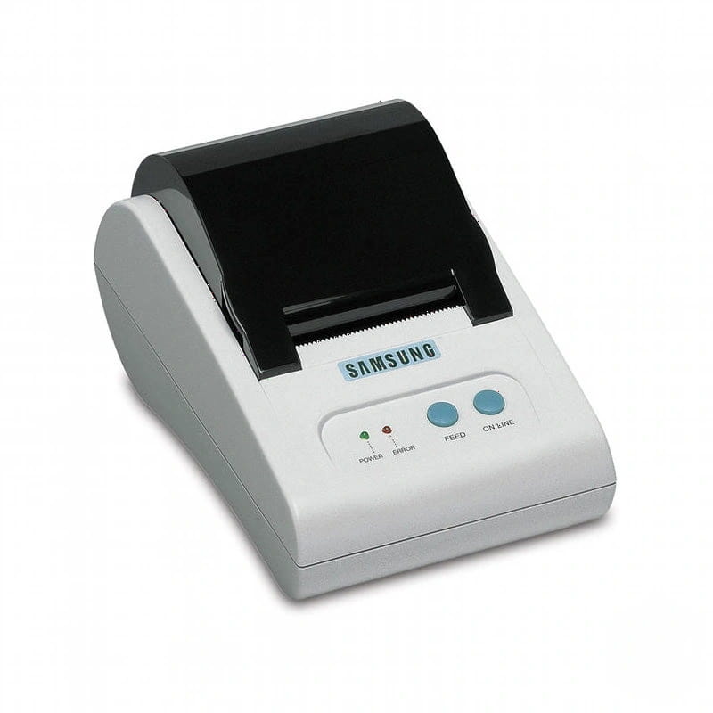 White samsung portable thermal printer with black paper output slot and blue control buttons