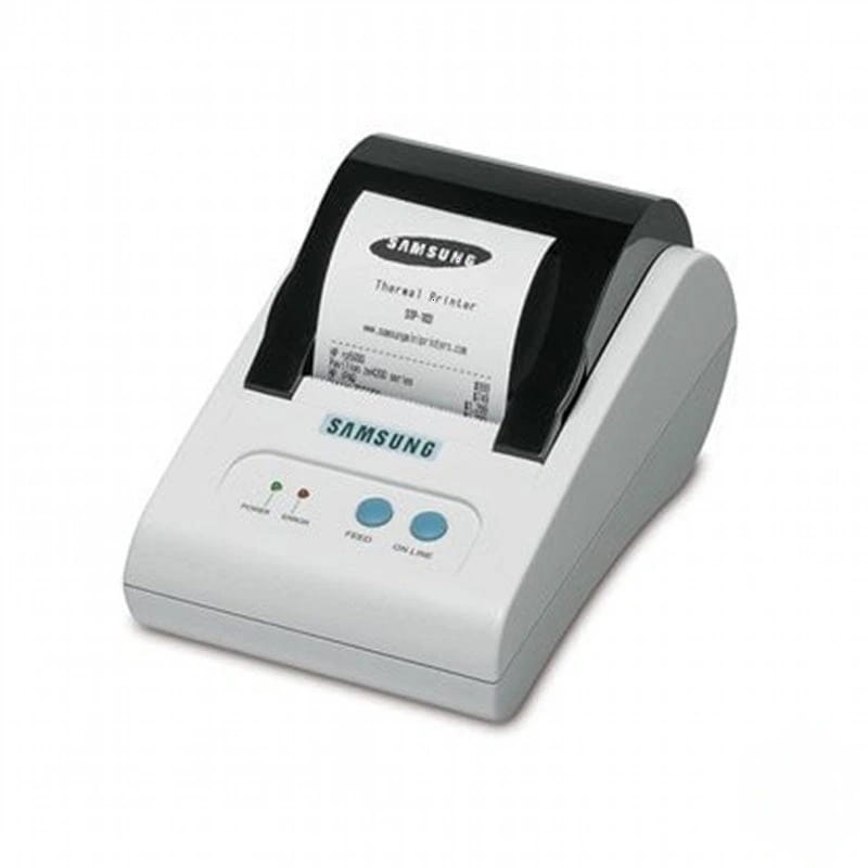White and black samsung sp-20 thermal printer with a paper roll emerging from its slot